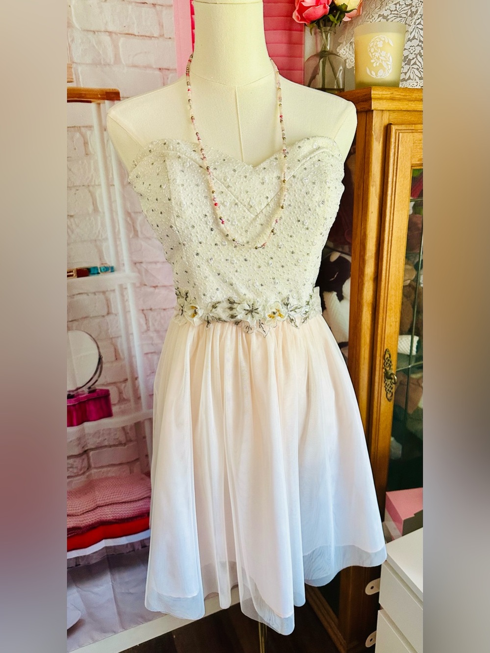 Masquerade Ivory and Pale Pink Beaded Party Dress - Picture 2 of 12
